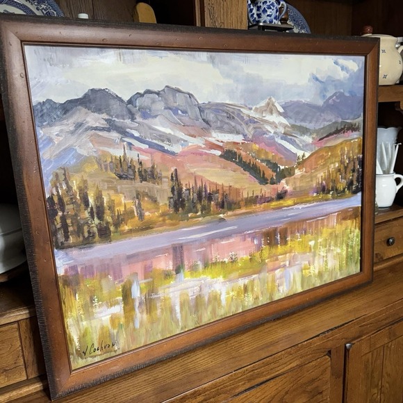 Painting Canvas Hand Painted Mountain Lake Signed J. Cochran Fine Art 25 X 33 - Picture 2 of 10